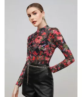 BIZwear Top con estampado floral de cuello alto de malla sin sujetador