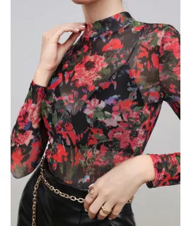 BIZwear Top con estampado floral de cuello alto de malla sin sujetador