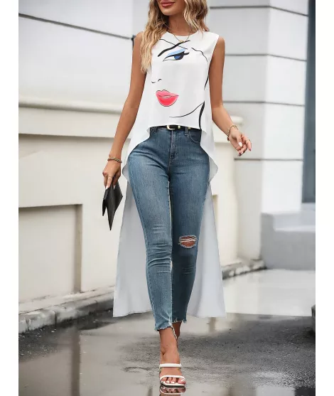 Camisa sin manga con estampado de figura bajo irregular